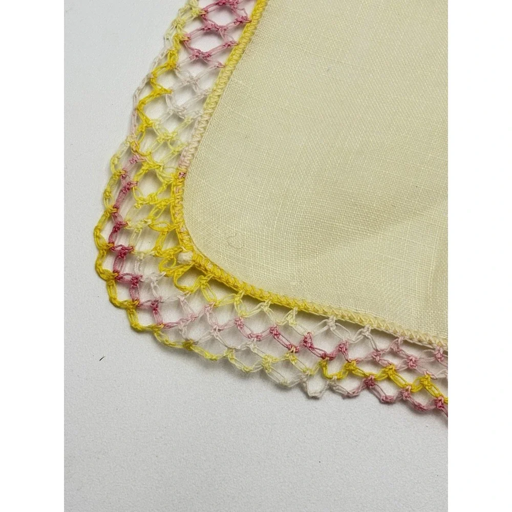 Vintage Linen Handkerchief Set 2 Tatting Lace Trim Pink Yellow Wedding Hankies